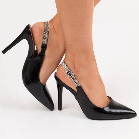 New Black Slingback Rhinestone Strap Pointed Heels size 10 - Picture 2 of 8